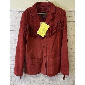 Denim & Co Red Suede Fringe Jacket Coat Washable Western Size M Cranberry New